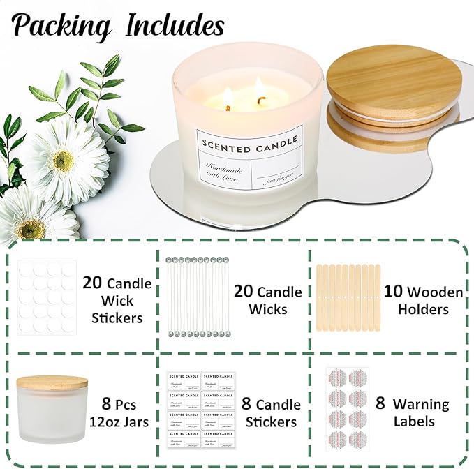 SUPMIND 12oz Large Frosted Glass Jars 8 Pack With Bamboo Lids and Wick Kit, 2/3 Wide Mouth Container for Candle Making, Ideal for Business Owners