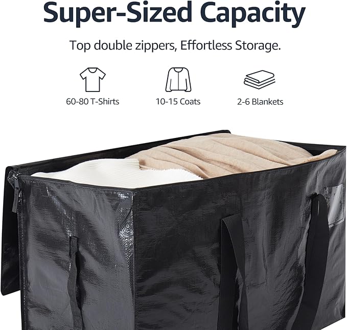 Moving Bags Heavy Duty Extra Large, Moving Boxes, Moving Supplies Essentials, Blue Storage Bins with Lids, Plastic Packing Totes, Storage Bags for Clothes with Handles & Zippers(Black, 10 Pack)