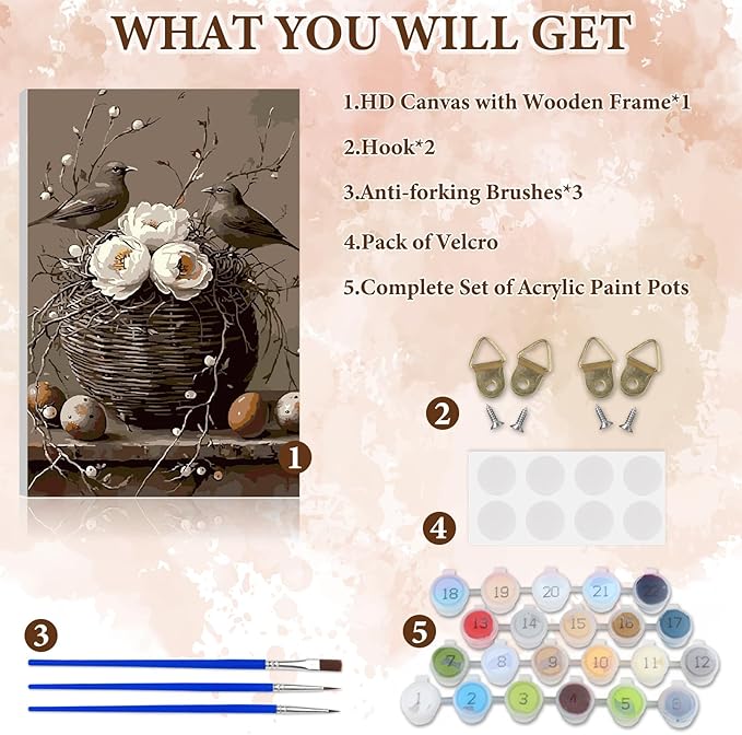 NAIMOER Birds Flowers Paint by Numbers Kits for Adults Beginner with Wooden Framed, Color by Numbers on Canvas Painting Kits for Adults, Easy Paint DIY Acrylic for Home Wall Decor 8X12 Inch