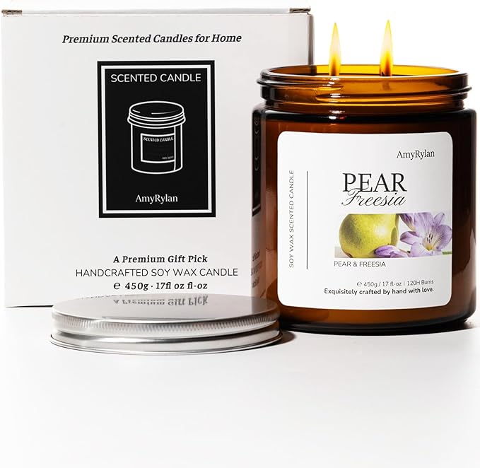 2 Wicks 17oz Large Non-Toxic Soy Wax Scented Candle, Pear & Freesia 120 Hours of Burn Time, Long Lasting Large Candle for Gift, Cost-Effective Candle for Home Fragrance, Aromatherapy