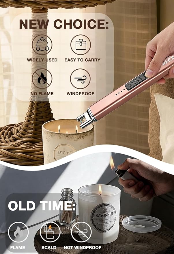RAYONNER Electric Candle Lighter Rechargeable USB-C Plasma Arc Lighter with Hanging Hook Windproof Flameless Igniter for Camping Grill Home Decor Gifts (2 Pack - Rosegold)