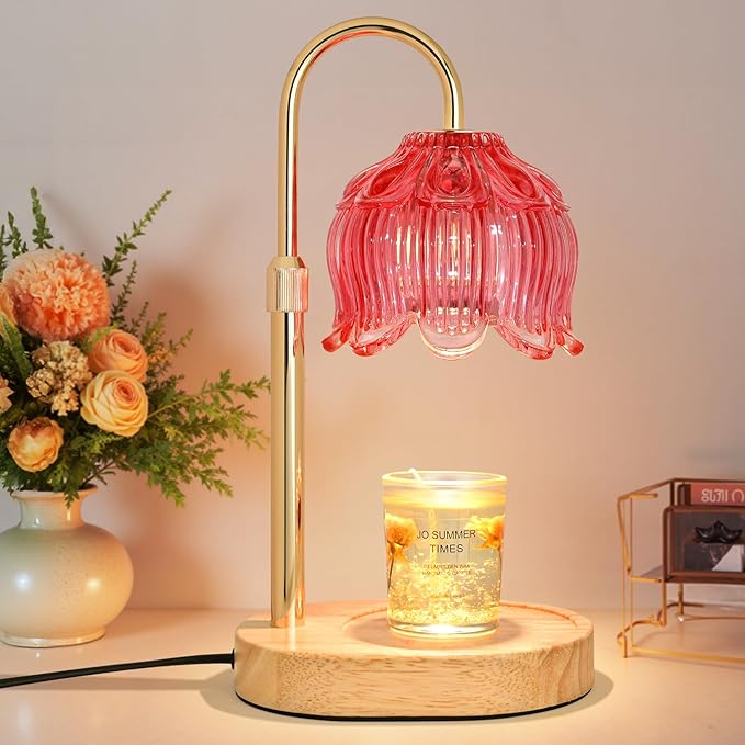 Flower Candle Warmer Lamp for Jar Candles with Timer & Dimmer, Adjustable Height Fits Large Jars up to 7.08" Tall, Flameless Wax Warmer, Cozy Bedroom Home Decor, Gift for Mom Women,Red