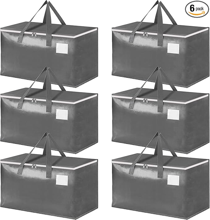 Three-layer Reinforced Moving Bags, 6 Pack Extra Large 93L 60lb Heavy Duty Moving Totes with Strong Zippers & Handles, Easy Open Lids, Water-Resistant, Storage Totes, Fold Flat