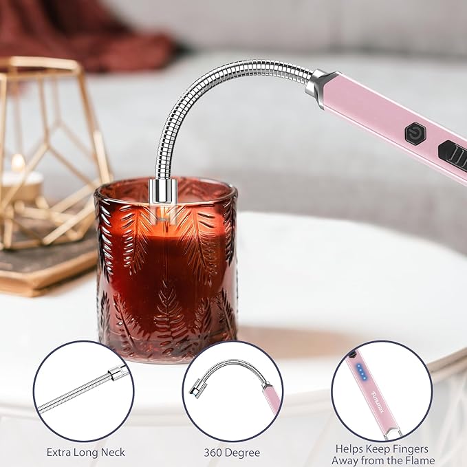 Rechargeable Electric Candle Lighter for Deep Jars - Windproof & Flameless Arc Lighter for Home Decor, Aromatherapy & Arthritis Friendly Gifts Rose Gold