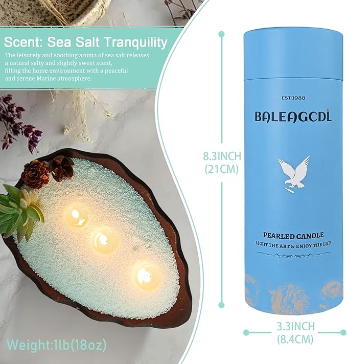 Pearled Candle 18oz(1.1lb) with 30 Cotton Wicks - MANNYCOM Blue Sea Salt Tranquility Scented Powder Wax Refillable Candles Burns up to 110 Hours Non Toxic for Handmade Wedding and Party Decorations