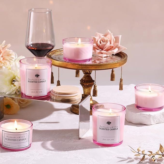 sunnyfuture 16 Pack Pink Candle Jars, 8pcs 7oz + 8pcs 4oz Candle Jars for Making Candles with Wooden Lids and Labels for DIY, Gifts, Home