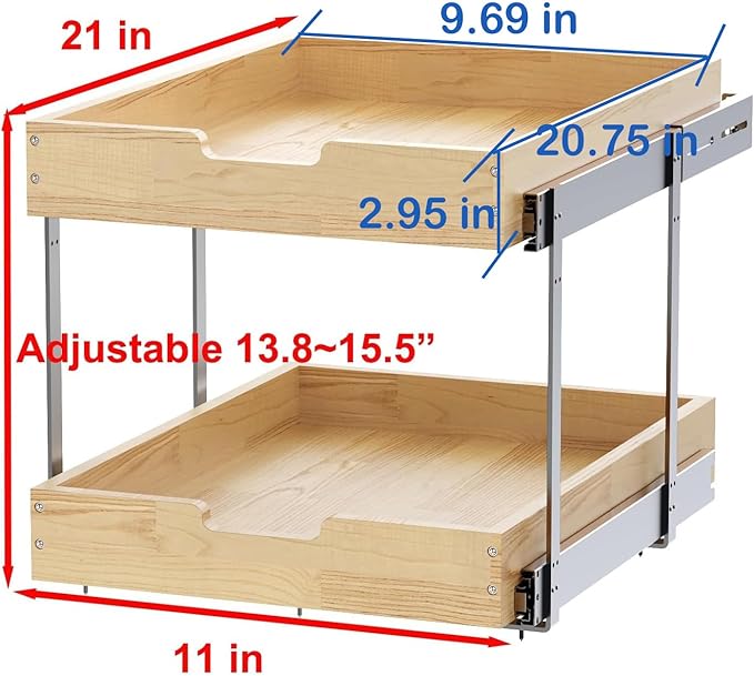 Sikarou Wood Pull Out Cabinet Organizer 2 Tie 11" W x 21" D for 12" Cabinet Opening, Heavy-Duty Sliding Drawers for Inside Cabinets Storage and Organization for Kitchen, Pantry, Bathroom