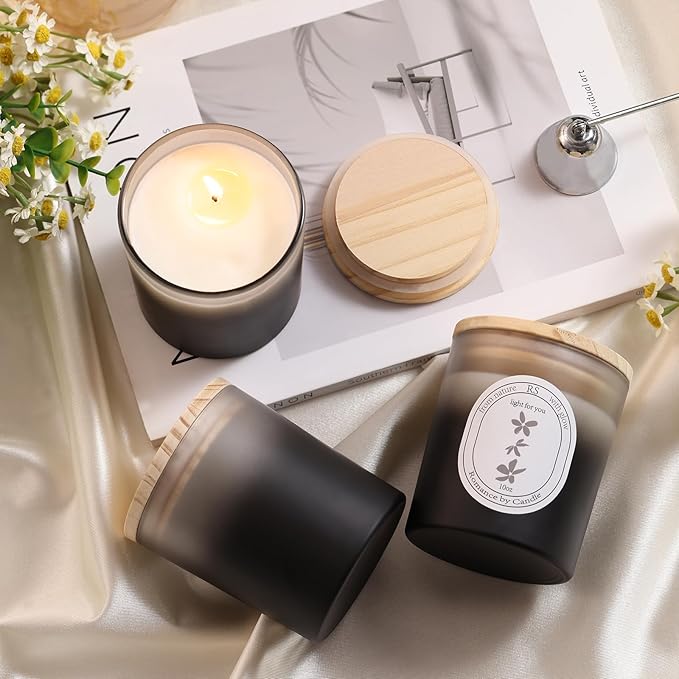 REISEN 12Pcs Gradient Black Candle Jars for Making Candles, 10oz Glass Jars with Bamboo Lids, Candle Wick Kit and Sticky Warning Labels, Candle Containers Vessels for DIY Gifts