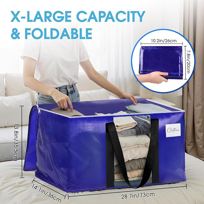 BlissTotes 6 Pack Moving Bags with Clear Window, Storage Bags with Strong Carrying Handles & Zippers,Large Packing Bags for Saving Space, Alternative to Moving Boxes(Blue,24 Gallon)
