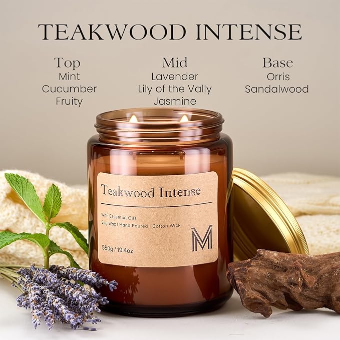 M&SENSE Teakwood Intense Scented Christmas Candle Gift | 19.4oz, 115-Hour Burn | Natural Organic Soy Wax | Long-Lasting for Stress Relief and Gifting | for Christmas, Thanksgiving, Holiday