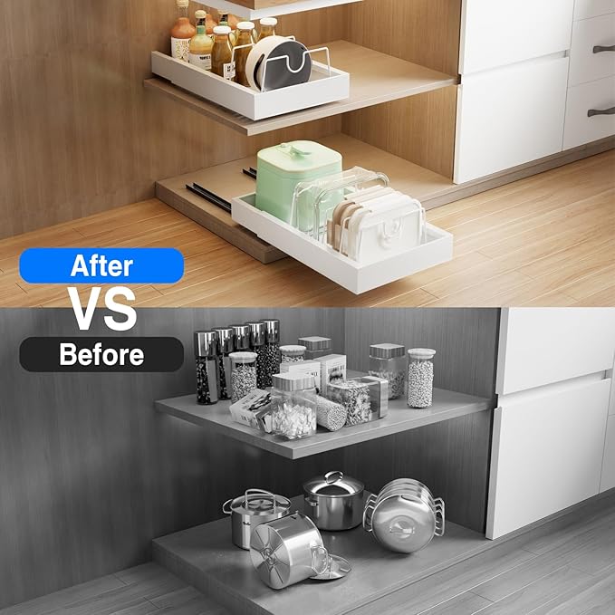 2 Pack Pull Out Cabinet Organizer with 8 Dividers,21.8" Deep Slide Out Drawers for Cabinets Adhesive Pull Out Drawers Heavy Duty Pull Out Shelves for Kitchen, Cupboard, Pantry, Bathroom-White