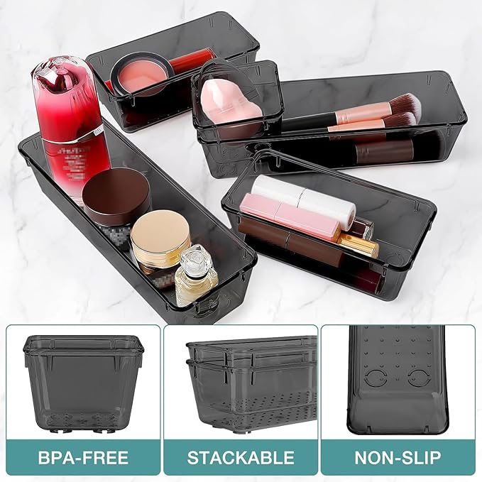 StorMiracle 23 PCS Drawer Organizer Set, 5 Varied Size Bathroom and kitchen Drawer cabinet organizer Trays, Clear Storage Bins for Makeup, Jewelry, Utensils and Gadgets, Black