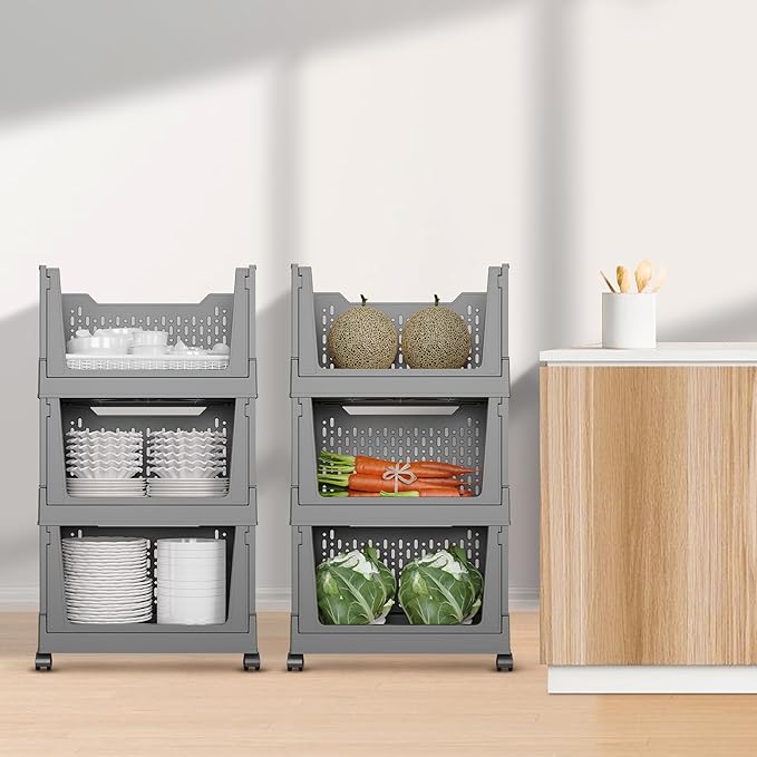 Stackable Storage Bins, Foldable Closet Organizers and Storage Bins Box, Plastic Shelves Drawer Organizer Container for Closet Office Bedroom Kitchen Bathroom with Wheels, Grey, 3 Pack