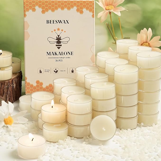 24Pcs White Beeswax Tea Light Candles-4 Hour Burn Time,100% Pure Natural Beeswax-Clean Burning & Air Purifying, Smokeless Bulk Tea Lights for Spa,Meditation,Wedding & Home Decor