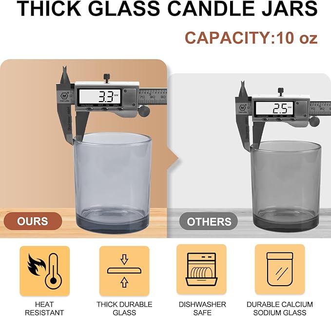 SHOWIN 10 OZ Thick Candle Jars for Making Candles 15 Pcs, Empty Jars with Wood Lids for Candle Making, Sample Container, Grey