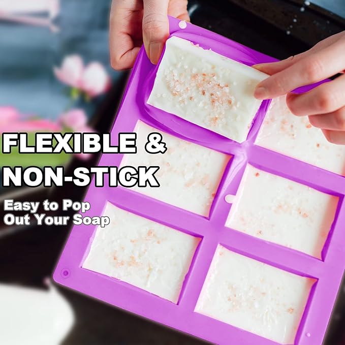 LERYKIN 2 Pack Silicone Soap Molds, 6 Cavities Rectangle Silicone Soap Molds, Great for Homemade Craft Soap Mold, Chocolate Mold, Cake Mold ＆ Ice Cube Tray - Just Pop Out（Purple