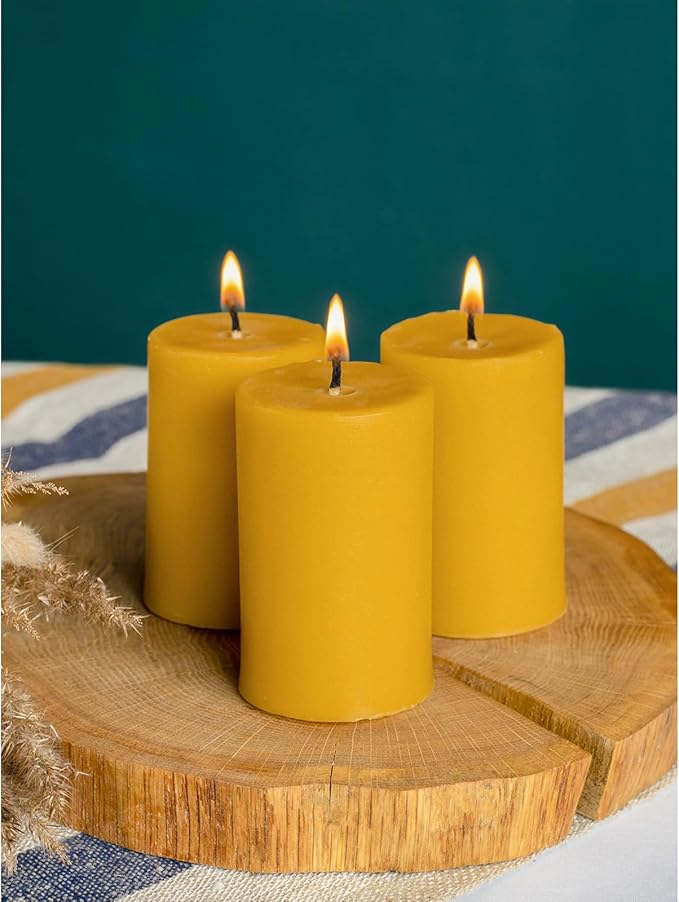 CANDWAX Pure Beeswax Pillar Candles 1.8x3 inch Set of 3-25 Hours Burning Handmade Yellow Candles - Smokeless Pure Bees Wax Candle Home Décor
