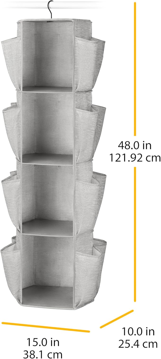 Whitmor Rotating Closet Organizer - 4 Shelves and 24 Pockets - Crosshatch Grey