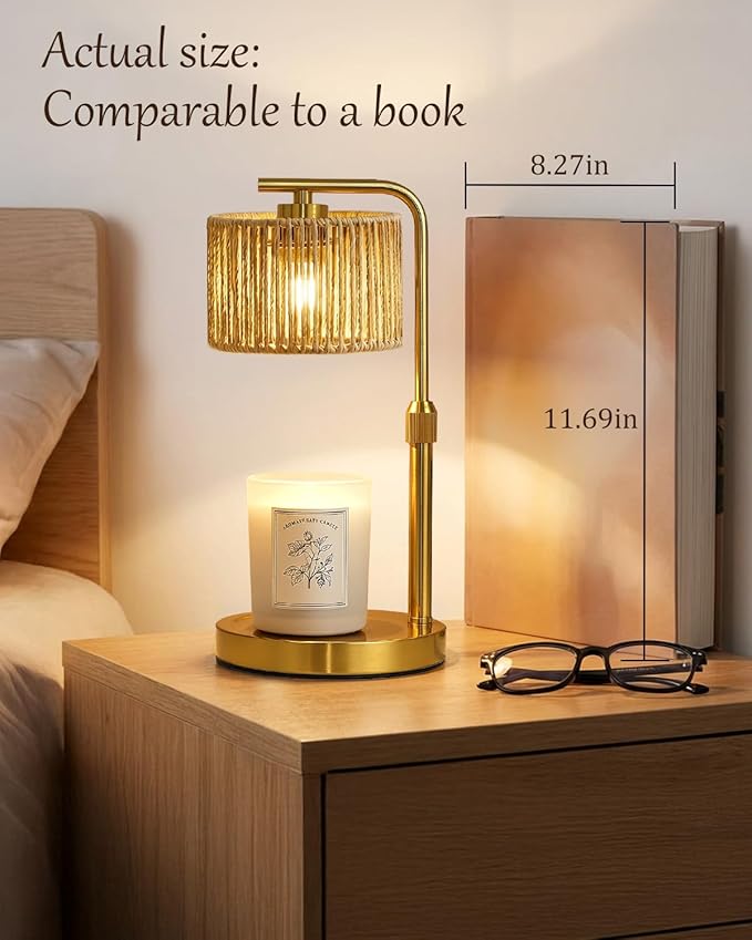 Candle Warmer Lamp, Timer Dimmable Candle Lamp, Adjustable Height and Brightness Gold Candle Warmer, Boho Rattan Lampshade and 2 Bulbs, Suitable for Home Decor, Birthday Gifts for Women Mom