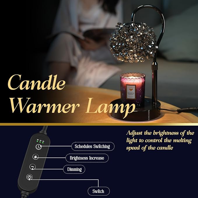 Luxury Candle Warmer Lamp with Timer & Dimmable Brightness, Crystal Gemstone Shade & Premium Base - Adjustable Wax Melt Warmer for Home Decor