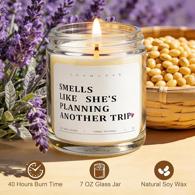 Travel Gifts for Women - Smells Like She is Planning Another Trip - Scented Glass Jar Candle, Unique Gift for Travel Lover, Wanderlust Birthday Gift Idea for Her, Friend, Sister