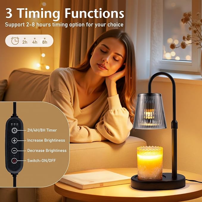 Warlisou Adjustable Candle Warmer Lamp with Timer - Ashy Colour Lampshade + Black Pole + Black Base