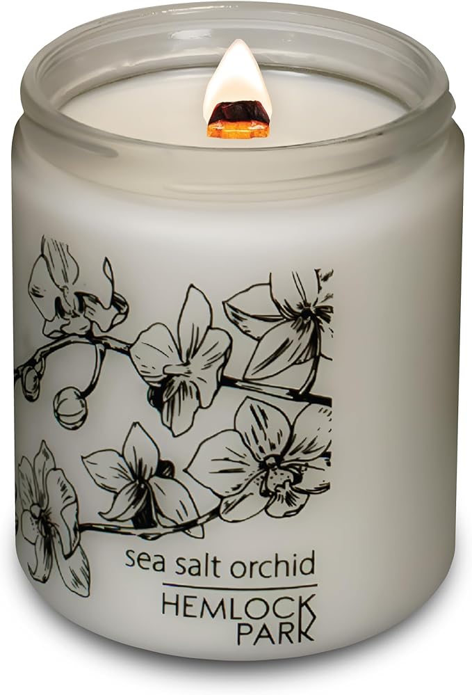 Hemlock Park Frosted Glass Wood Wick Candle Handcrafted with Natural Coconut Wax (Standard 8 oz, Sea Salt Orchid)