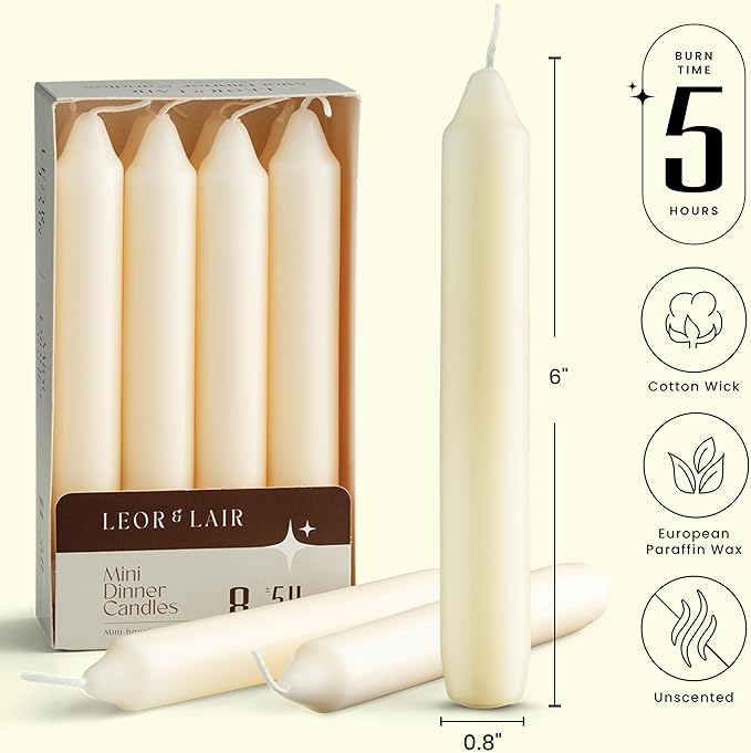 Leor & Lair Ivory Candlesticks – Pack of 8 Small Candle Sticks – 6 Inch Taper Candles with Cotton Wick – 5 Hour Burn Cream Taper Candles for Events, Holiday & Home Décor
