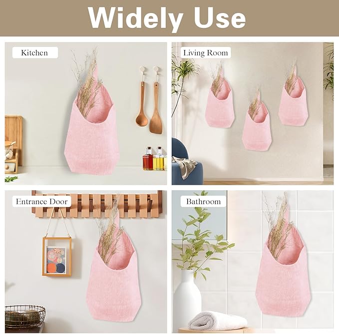100% Linen Hanging Storage Bags Baskets 2 Pcs, Small Wall Storage Bag for Kitchen, Bedroom, RV Camper Organizer, Sewing Room, Nursery Storage, Kids Room (Pink)