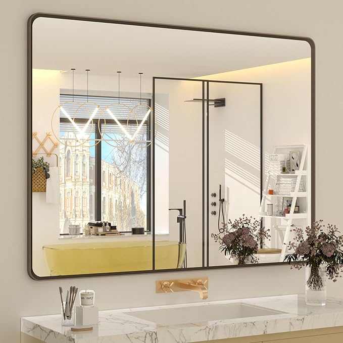 OKPAL 44x36 Bronze Bathroom Vanity Mirror, Brushed Metal Framed Bathroom Mirror, Rounded Bronze Rectangle Mirror for Farmhouse, Bedroom, Anti-Rust (Horizontal/Vertical)
