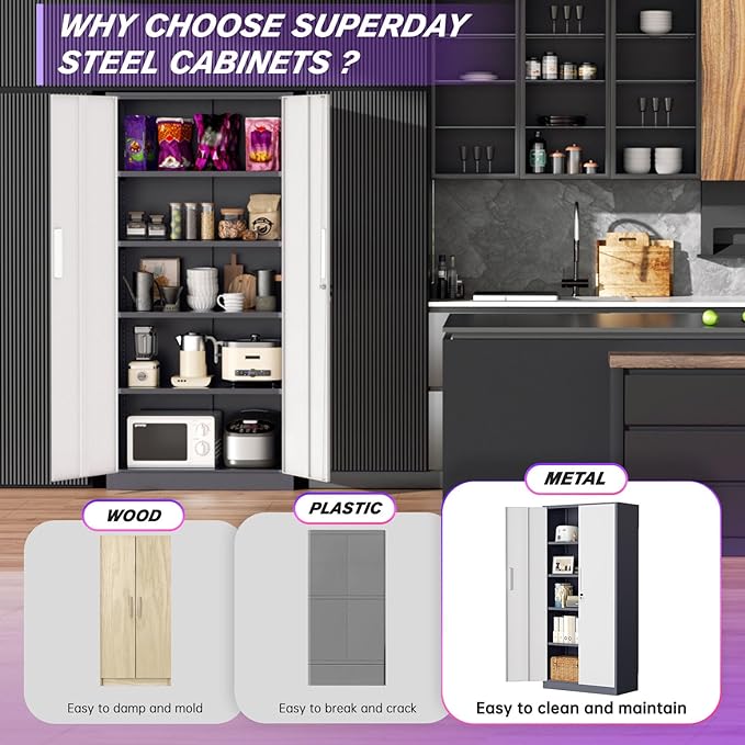 Superday Metal Storage Cabinets, 71" Storage Cabinet with Locking Door, Tall Garage Cabinet with 2 Doors and 4 Adjustable Shelves for Home Office, Classroom, Easy Assemble(White Grey)