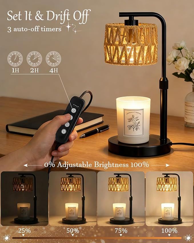 Candle Warmer Lamp, Timer Dimmable Candle Lamp, Adjustable Height and Brightness Candle Warmer, Boho Rattan Lampshade and 2 Bulbs, Suitable for Home Decor, Birthday Gifts for Women Mom (Black)