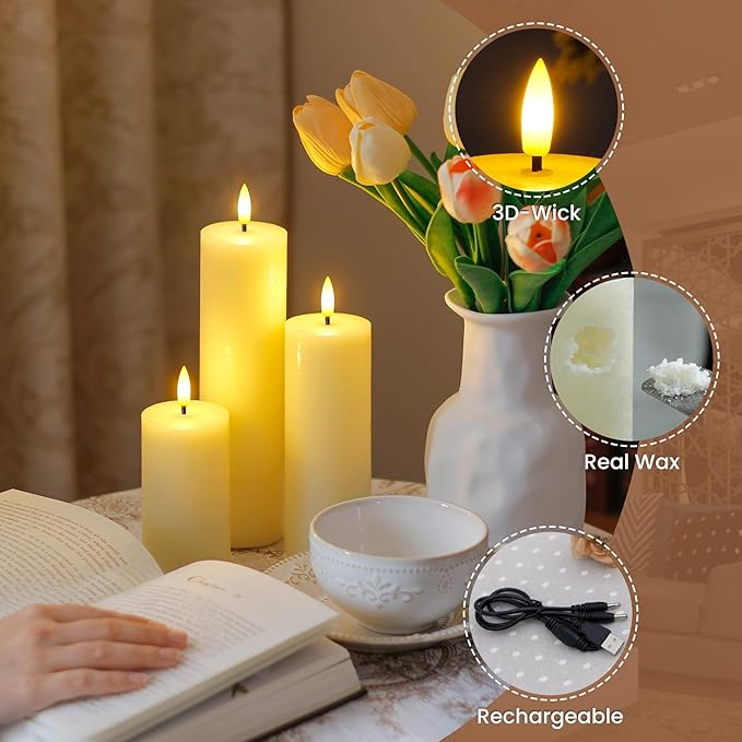 Rechargeable Flameless Flickering Tall Wax Remote 2.2" x4" 6" 8" 10" Ivory Candles, Timer Set of 4 LED Battery Operated Fake Warm Light Pillar Candles(Included USB Charging Cable with 2 Ports)