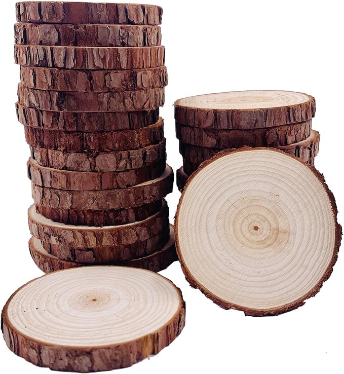 Natural Wood Slices 25Pcs 3.1-3.5 Inches Unfinished Wood Craft Kit Undrilled Wooden Circles Without Hole Tree Slice with Bark for Arts Painting Christmas Ornaments DIY Crafts
