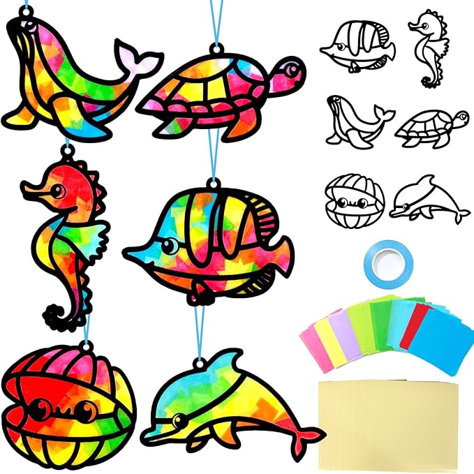 Qyeahkj 36 Set Sea Animal Suncatcher Crafts for DIY Under The Sea Window Tissue Paper Craft Kit Ocean Animal Hanging Decor for Summer Home Activity Art Project Birthday Party Favor Gift