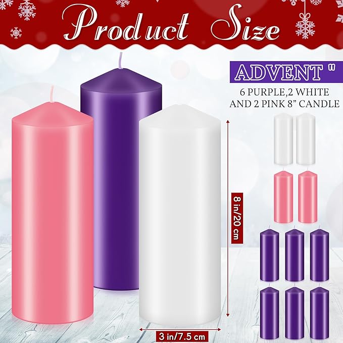 Amylove 10 Pcs 3 x 8 Inch Advent Pillar Candles Set Pink Purple Christmas Unscented Lasting Burning Church Candles for Advent Wreath Holiday Gifting