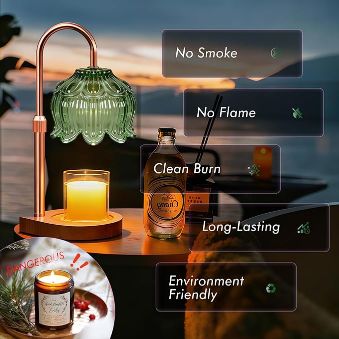 Candle Warmer Lamp - Dimmable Candle Lamp with Timer, Flower Wax Warmer Lamp for Jar Candles, Adjustable Height Wax Melter for Women Gift Home Decor, Farmhouse (Green)