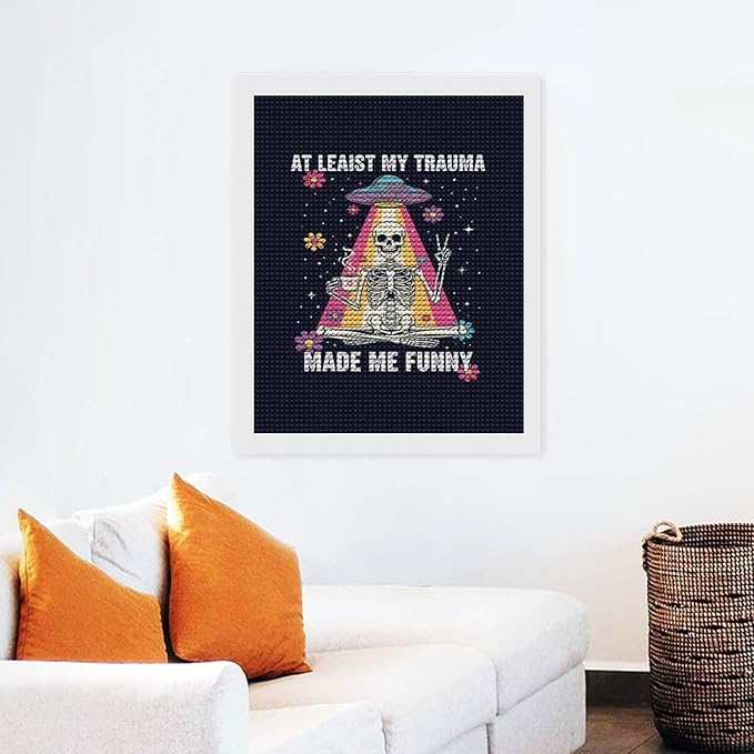 KIVJMSIDJA 5D Diamond Art Kits for Adults Skull Skeleton “At Least My Trauma Made Me Funny” Full Drill DIY Diamond Art for Home Wall Decor 16"x20"