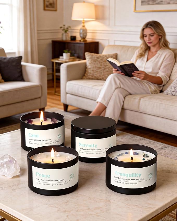 AOOVOO Crystal Calm Candles Set for Women - 4 Pack 26 oz Soy Wax Candles for Home Scented, 200 Hour Long Lasting Candle, Peace Clear Quartz/Tranquility Kyanite/Calm Amethyst/Serenity Lapis Lazuli