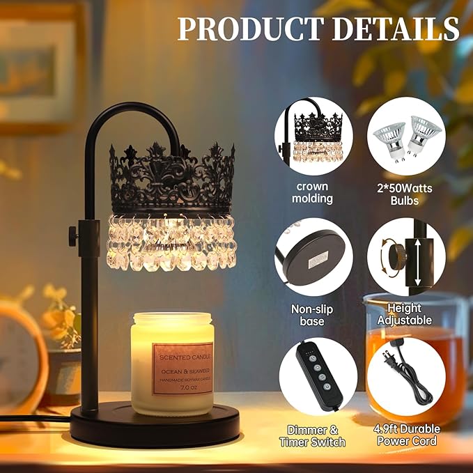 Candle Warmer Lamp with Timer Dimmer Adjustable Height with 2 Bulbs Crystal Candle Lamp Elegant Home Decor for Valentine's Day Gift Wax Melt Warmers for Women Birthday Gift (Black)