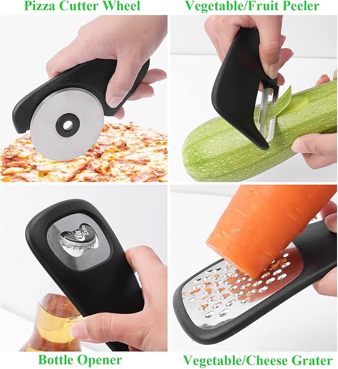 Kitchen Gadgets Set 6 Pieces, Space Saving Cooking Tools Kitchen Accessories-Garlic/Ginger Grinder, Cheese Grater, Vegetable/Fruit Peeler, Pizza Cutter, Herb Stripper, Bottle Opener, Gadgets Gift Set
