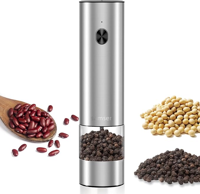 Electric Pepper Grinder & Salt Mill - Battery Operated Stainless Steel Body with Transparent Container LED Light One-Hand Operation Push-Button Switch Adjustable Coarseness Easy Refill & Clean