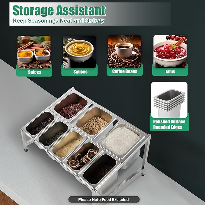 Expandable Spice Rack, Countertop Condiment Stand Holder with Pans and Lids,Stainless Steel Organizer Shelf for Seasonings Sauces Side Dishes Fruits Kitchen Pantry (5*1/9 Pans + 3*1/6 Pans)
