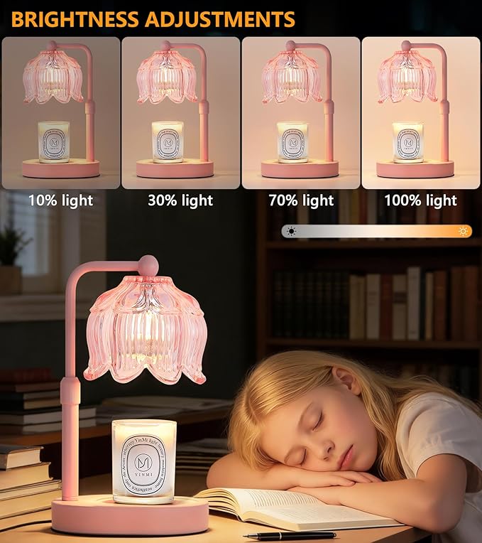 MEIXISUE Pink Flower Candle Warmer Lamp with Timer Dimmer, Adjustable Height No Flame Wax Warmer for Jar Candles, Ideal Gifts for Mom Women, ‌Housewarming New Home Bedroom Decor with 2 Bulbs