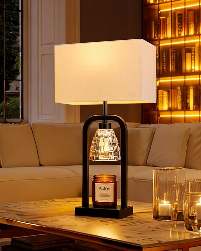 PoKat Lamp Candle Warmer Black, Farmhouse Candle Warmer Lamp with Timer Dimmer, Wax Light Warming Table Lamp for Jar Candles, Bedside Lamp for House Warming Home Decor Living Room, Bulb Included