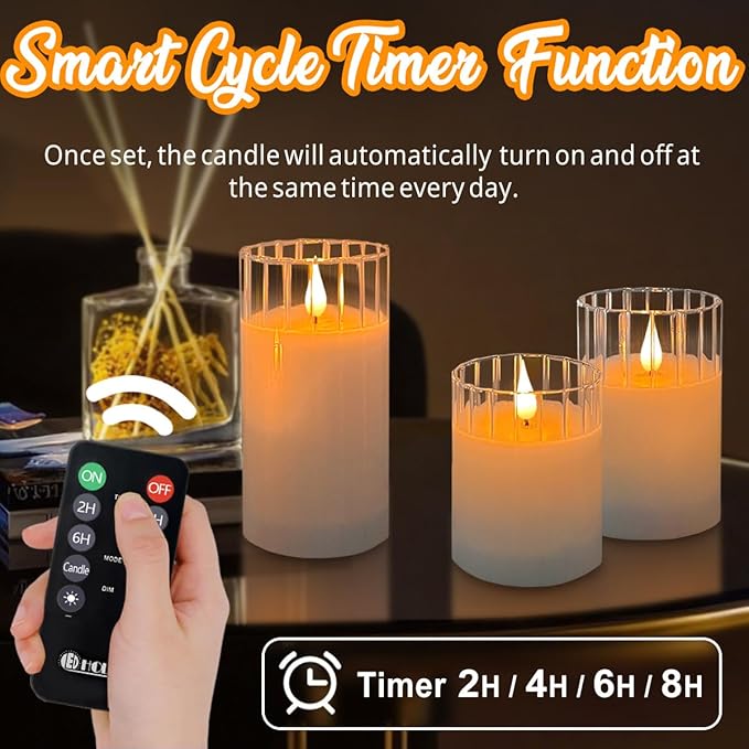 Rechargeable Flameless Glass Pillar Candles – Remote & Timer – Set of 3 White Stripes Realistic Flickering LED Light, Ideal for Living Room, Bedroom & Holiday Décor& Gifts for Women