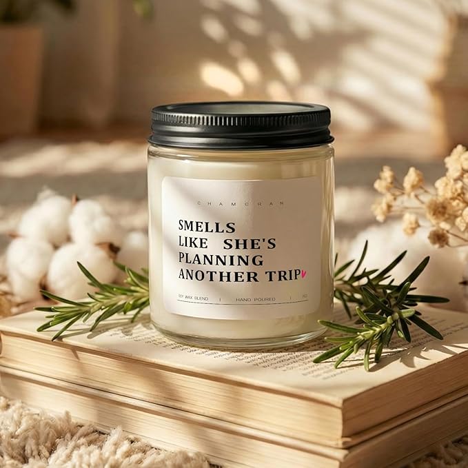 Travel Gifts for Women - Smells Like She is Planning Another Trip - Scented Glass Jar Candle, Unique Gift for Travel Lover, Wanderlust Birthday Gift Idea for Her, Friend, Sister