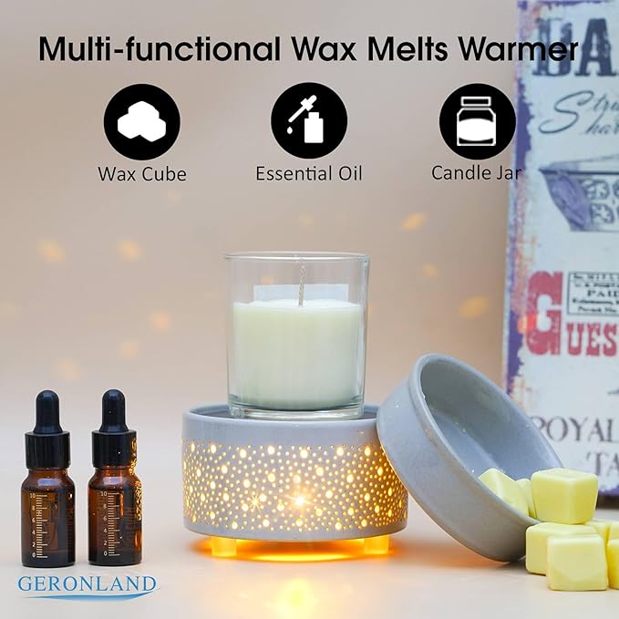 Wax Melt Warmer Ceramic 3-in-1 Oil Burner Electric Candle Wax Warmer Burner Heating Plate Melter Fragrance Warmer for Scented Waxs Home Office Bedroom Aromatherapy Gift& Décor (Grey)