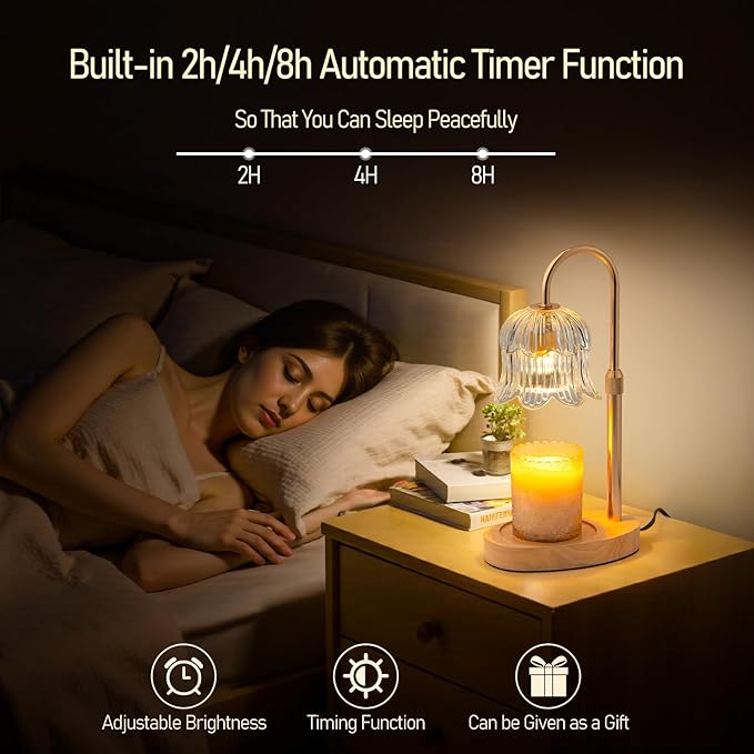 Electric Candle Warmer Lamp with Timer - Flame-Free 4-Level Dimming, Height Adjustable Gifts for Mom Women Friend, Birthday Housewarming Home Bedroom Decor