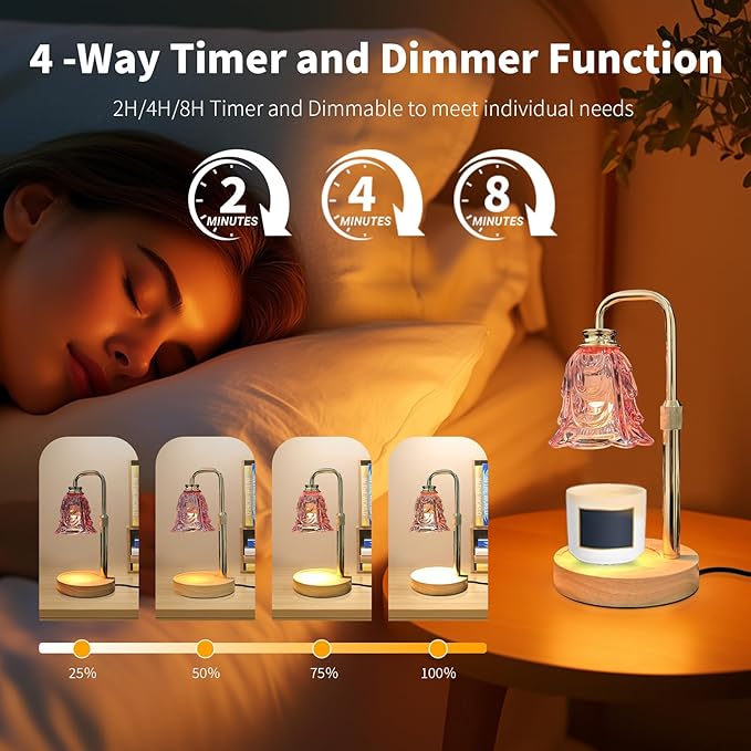 Candle Warmer Lamp with Timer & Dimmer, Adjustable Height Flower Candle Warmer for Jar Candles, Flameless Wax Melter with 2 Bulbs, Home Decor, Christmas, Birthday, Valentine's Gift for Women (Pink)